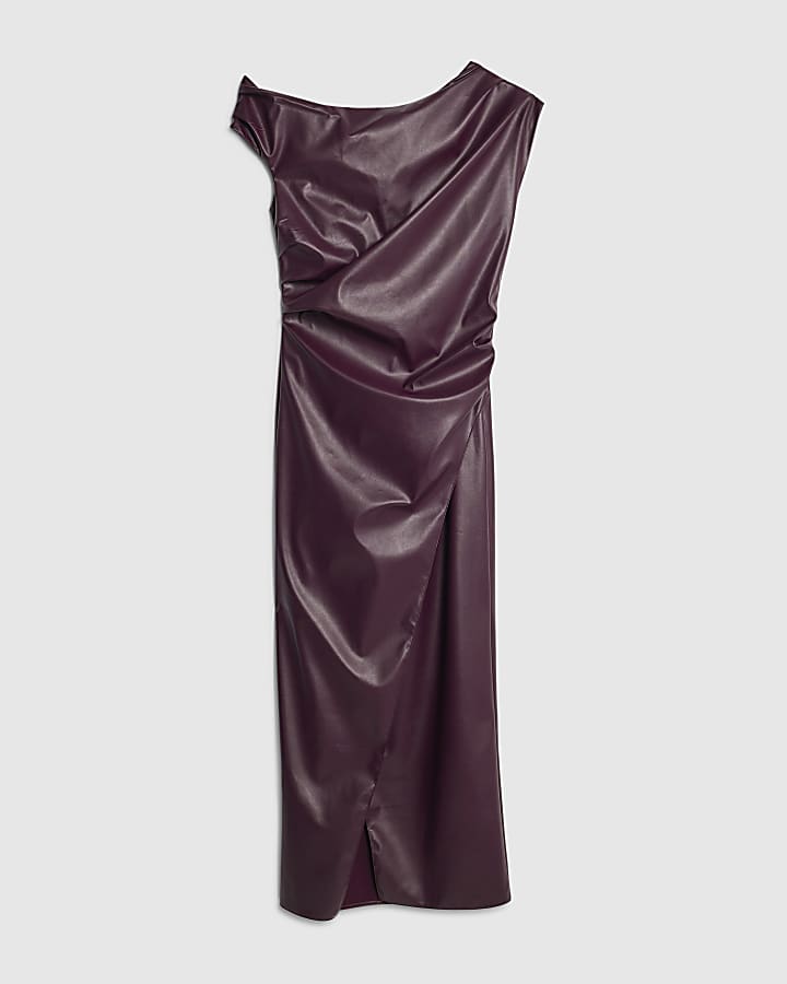 Purple Faux Leather Drape Midi Dress