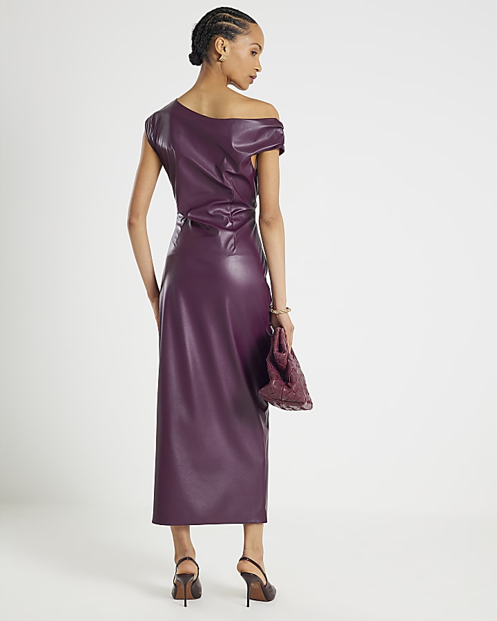 Purple Faux Leather Drape Midi Dress