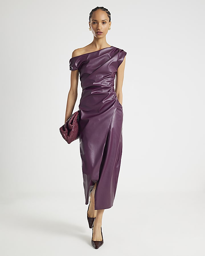 Purple Faux Leather Drape Midi Dress