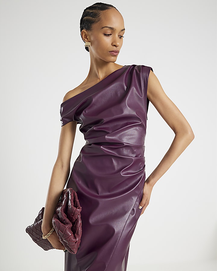 Purple Faux Leather Drape Midi Dress