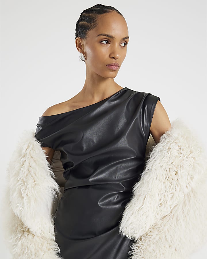 Black Faux Leather Drape Midi Dress