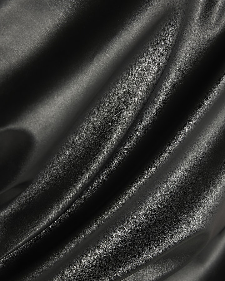 Black Faux Leather Drape Midi Dress