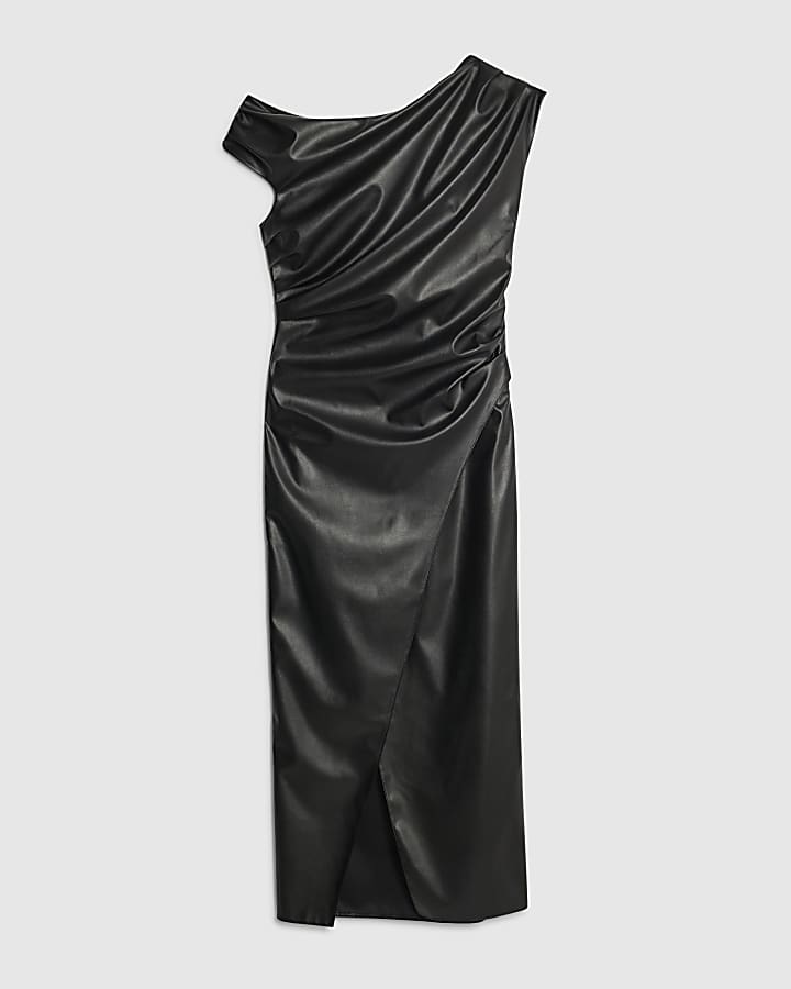 Black Faux Leather Drape Midi Dress