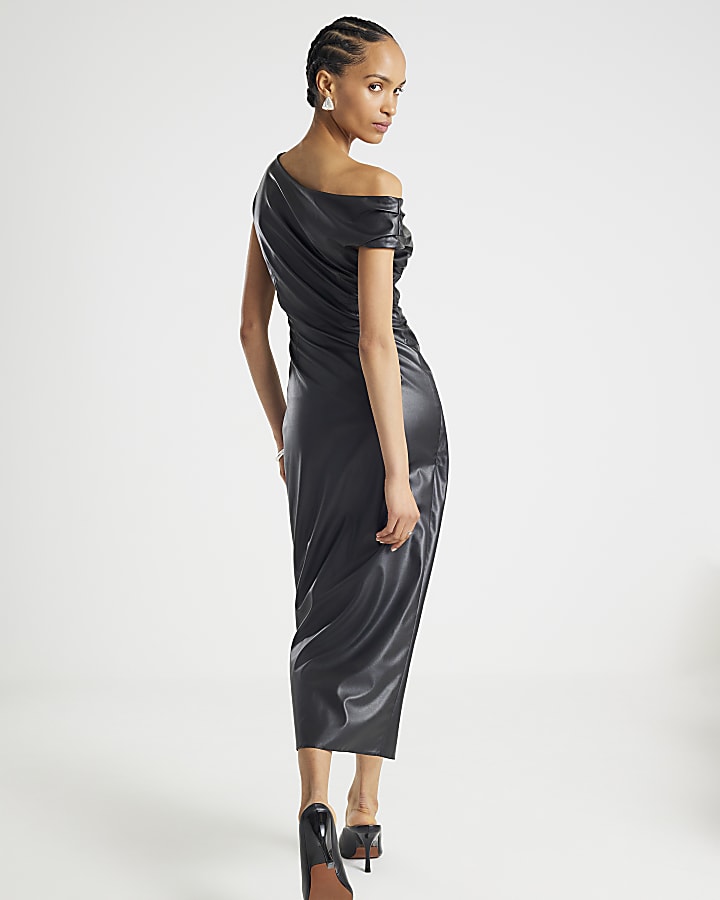 Black Faux Leather Drape Midi Dress