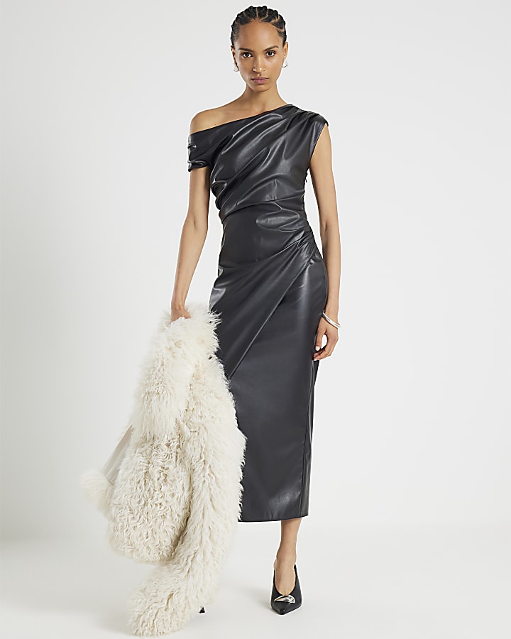 Black Faux Leather Drape Midi Dress