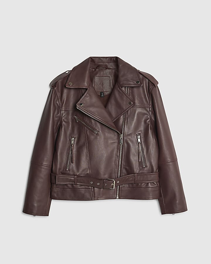 Red Leather Belted Biker Jacket
