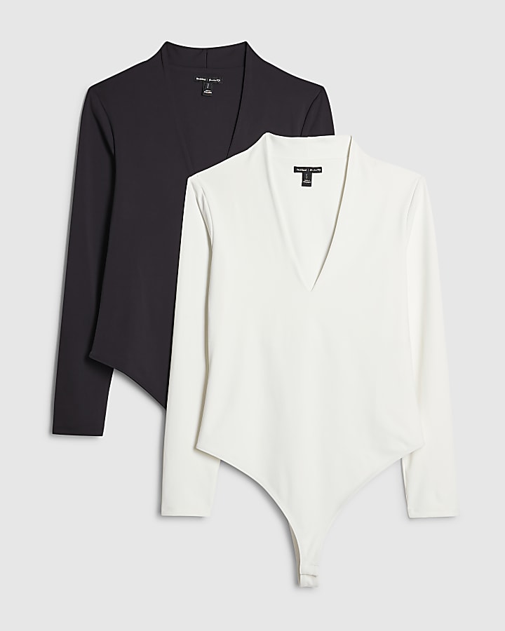 White Long Sleeve Plunge Bodysuit Multipack