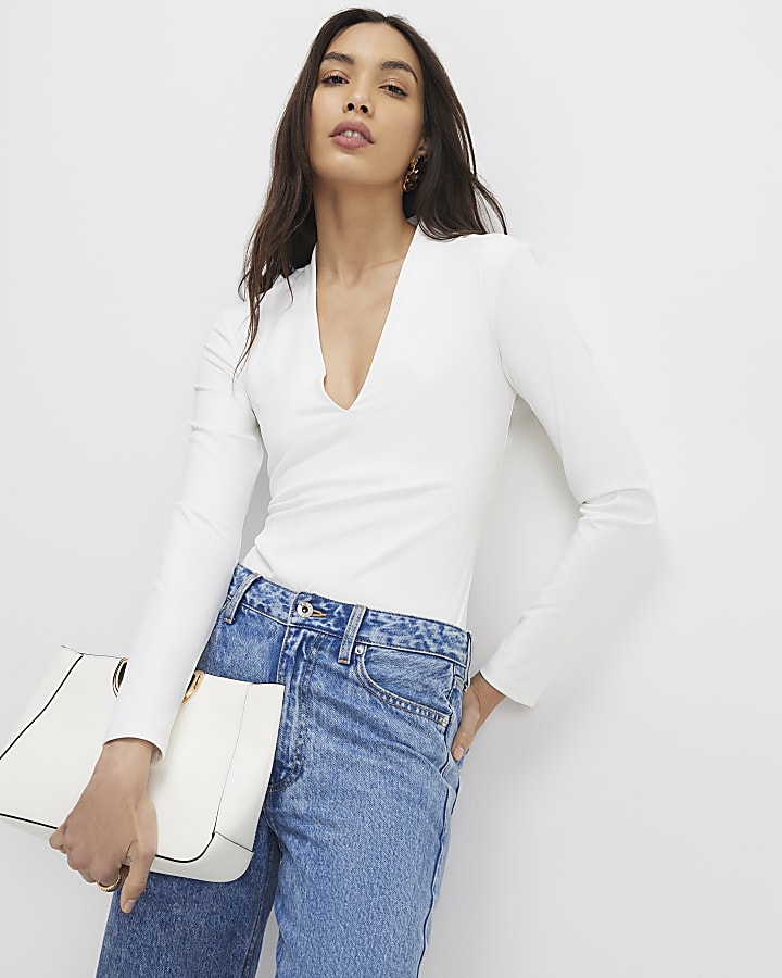 White Long Sleeve Plunge Bodysuit Multipack