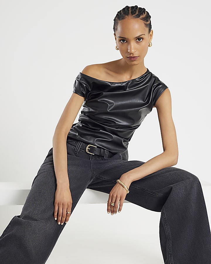 Black Faux Leather Drape Top