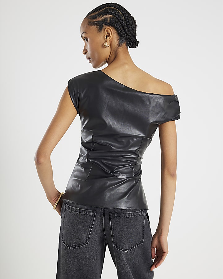 Black Faux Leather Drape Top