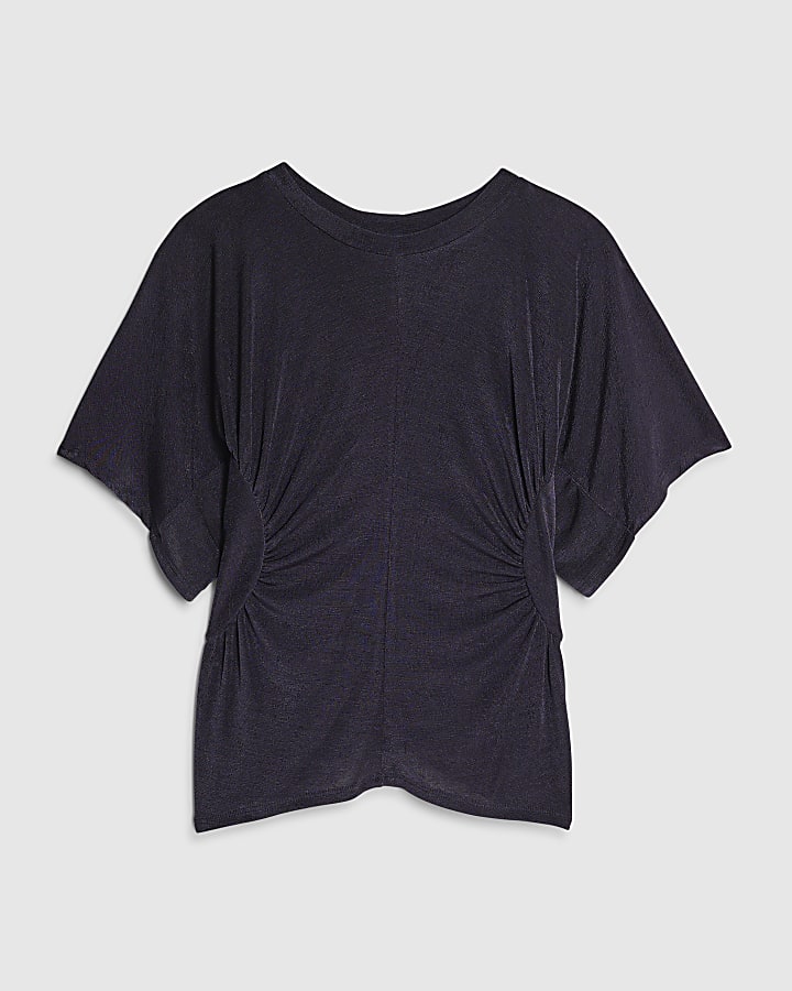 Navy Short Sleeve Ruched Waist Slinky Top