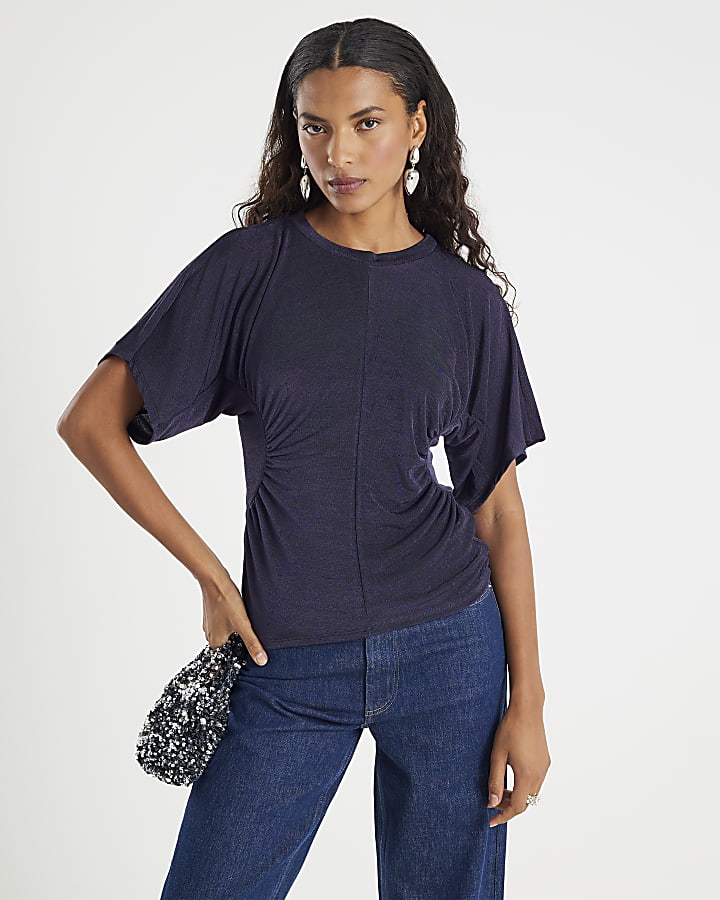 Navy Short Sleeve Ruched Waist Slinky Top