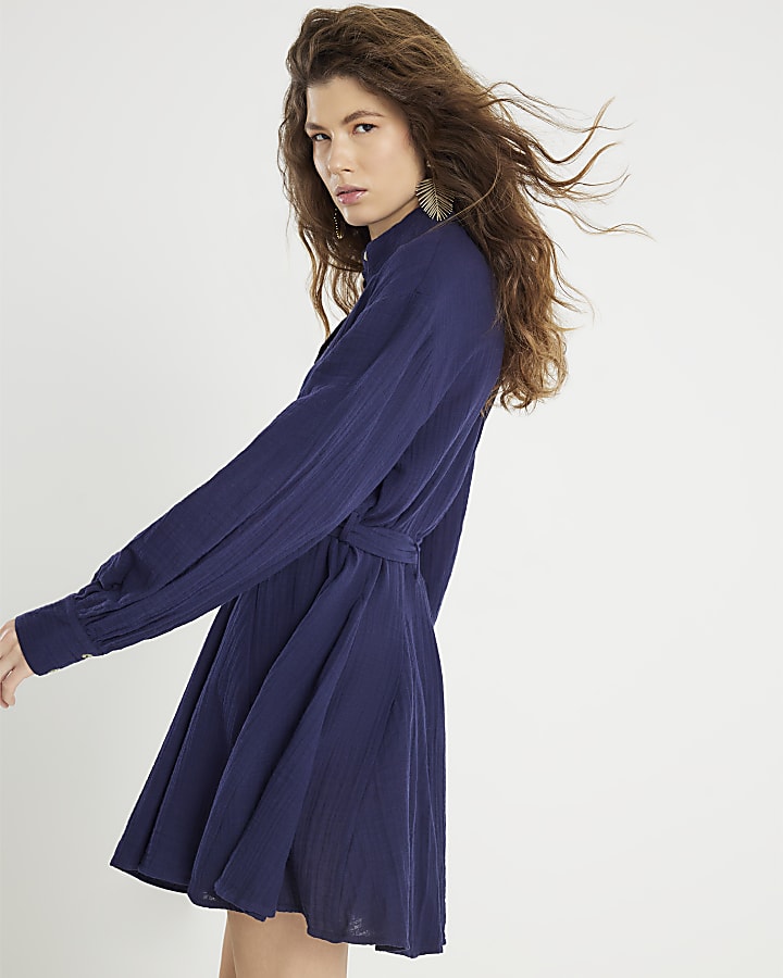 Navy Mini Belted Shirt Dress