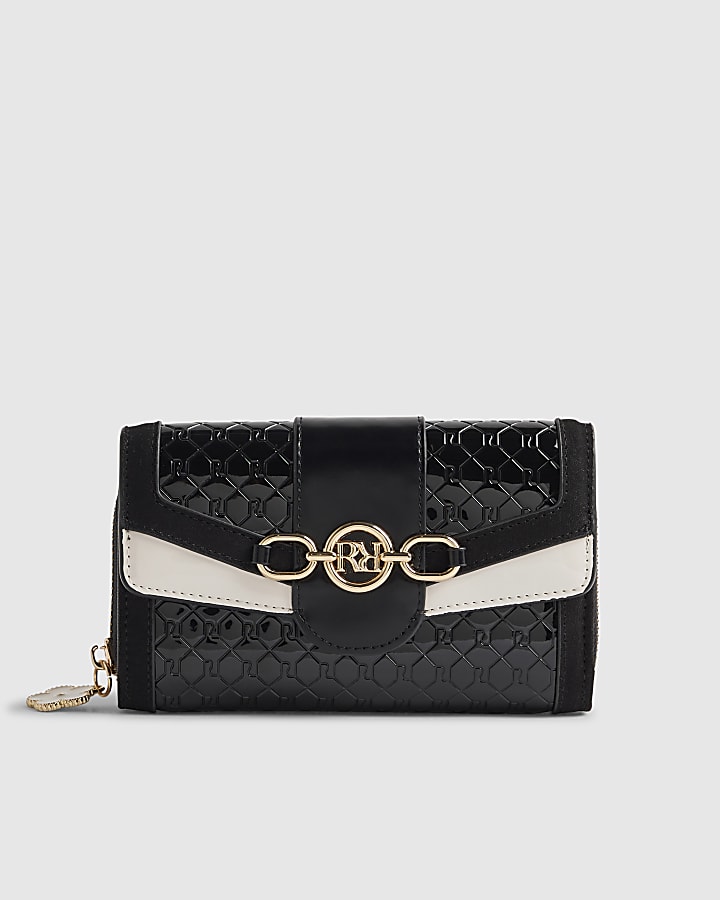 Black Embossed Monogram Flap Front Purse
