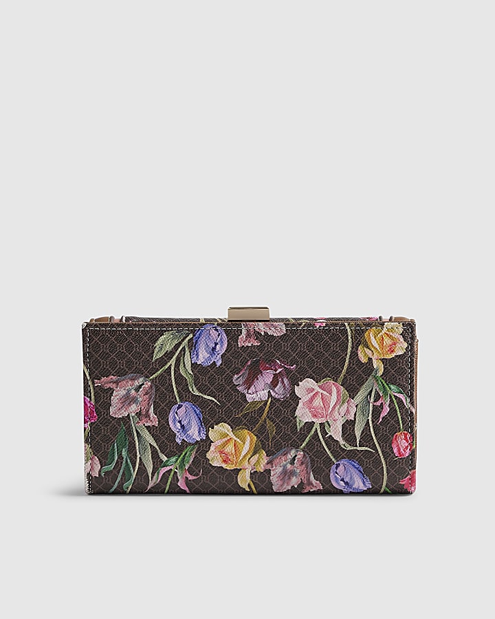 Brown Floral Monogram Clip Top Purse