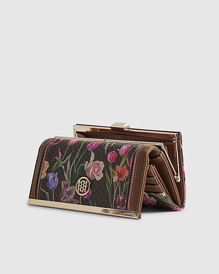 Brown Floral Monogram Clip Top Purse