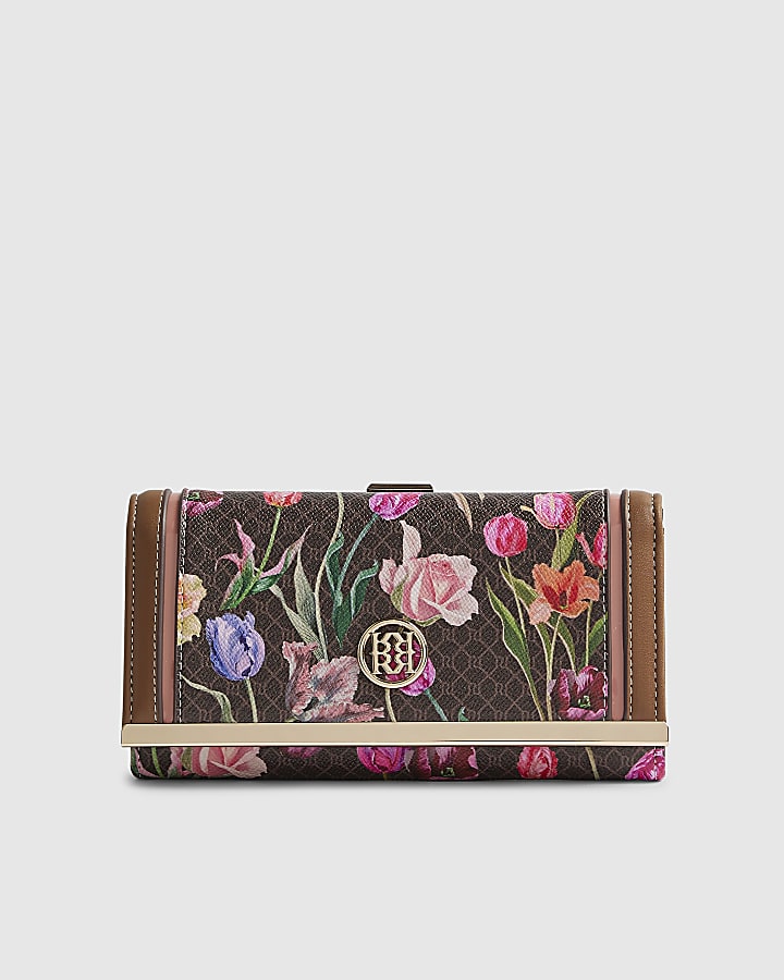 Brown Floral Monogram Clip Top Purse