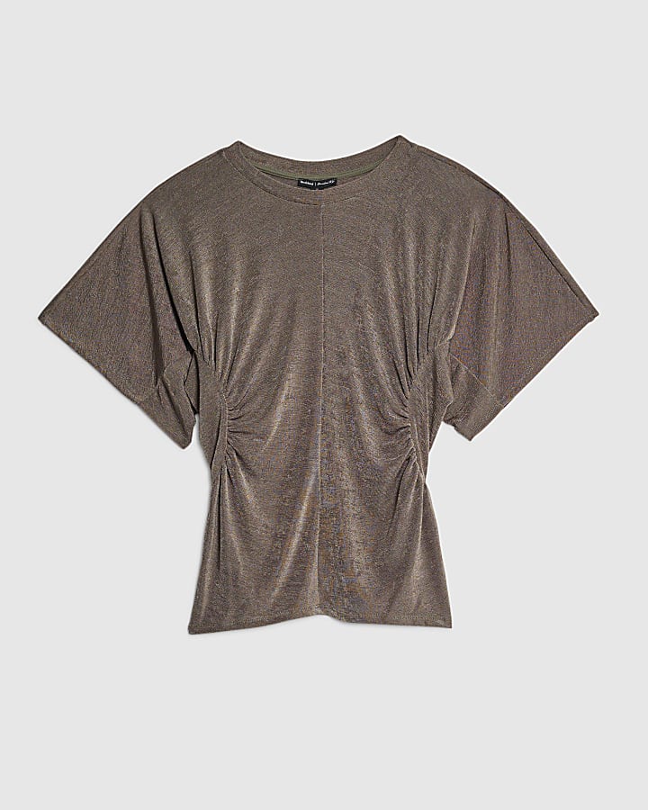 Beige Short Sleeve Ruched Waist Slinky Top