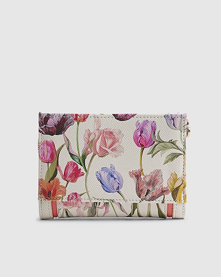 White Floral Print Foldout Purse