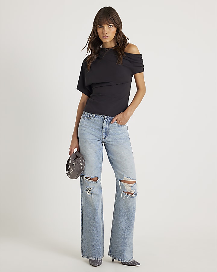Black One Shoulder Drape Top