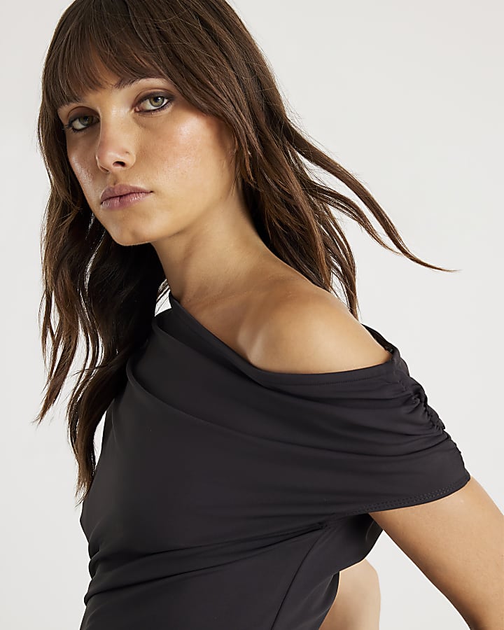Black One Shoulder Drape Top