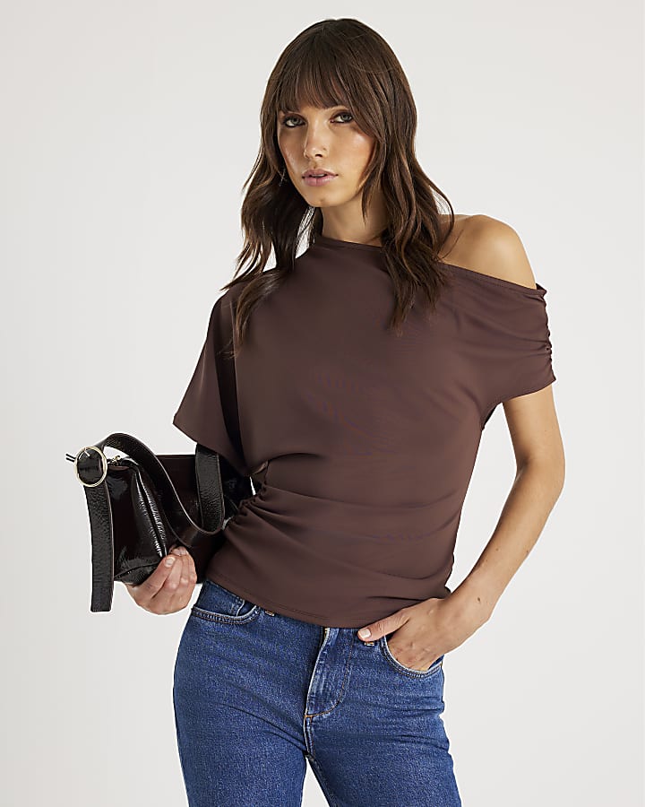 Brown One Shoulder Drape Top
