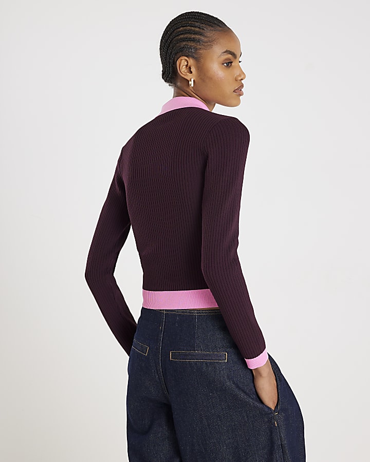 Red Knit Long Sleeve Ribbed Polo Top