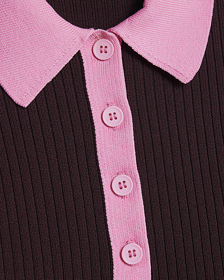 Red Knit Long Sleeve Ribbed Polo Top