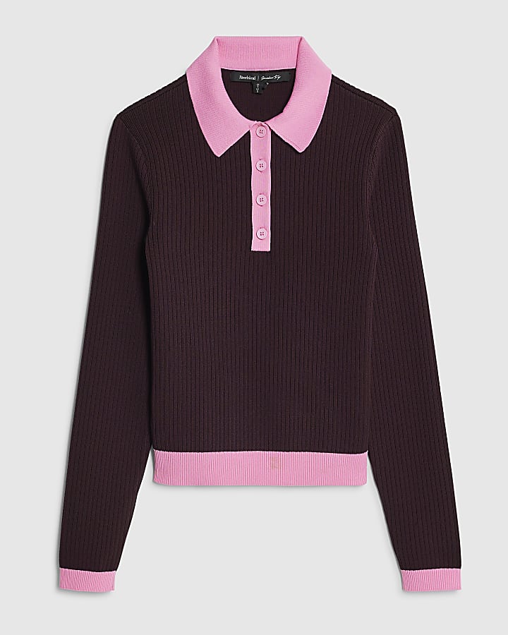 Red Knit Long Sleeve Ribbed Polo Top