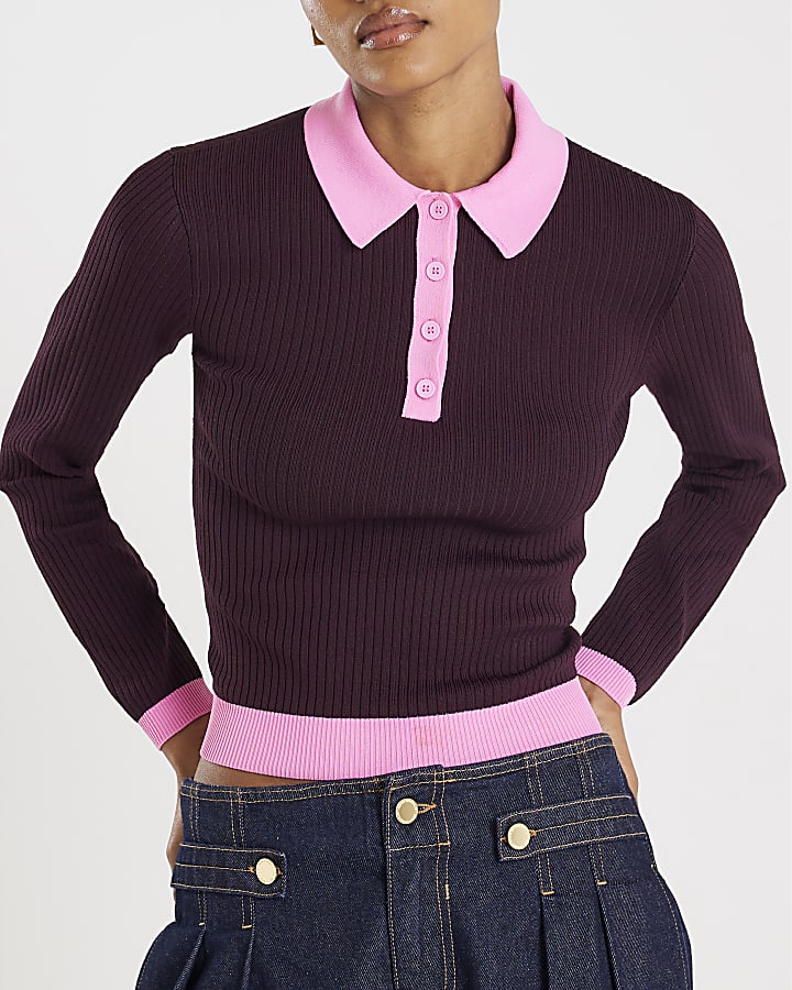 Red Knit Long Sleeve Ribbed Polo Top