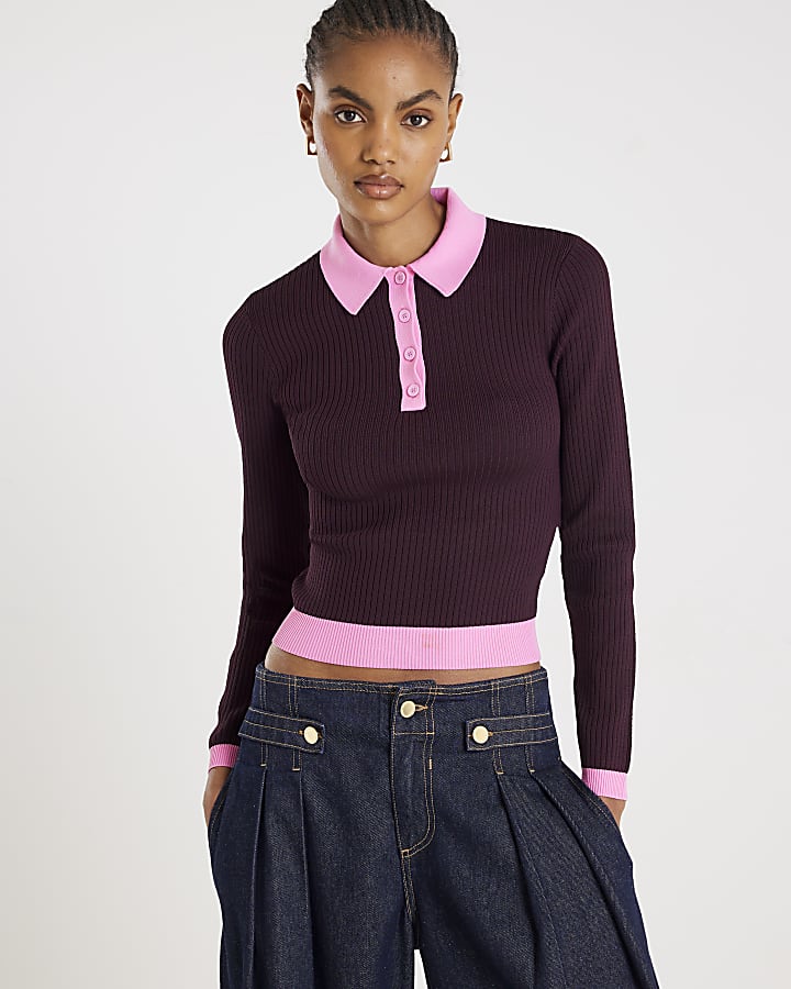 Red Knit Long Sleeve Ribbed Polo Top