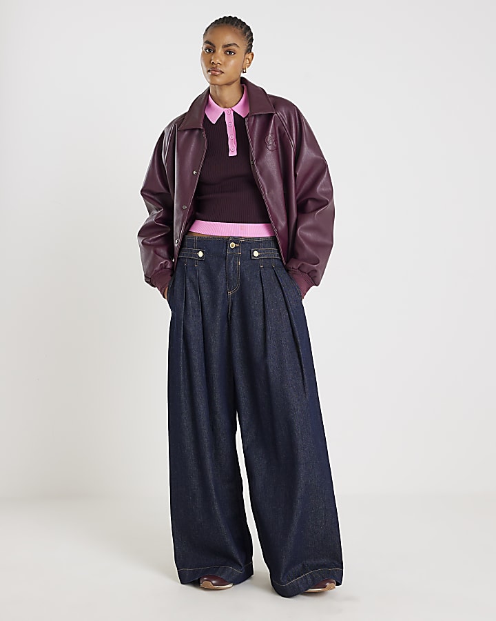 Red Knit Long Sleeve Ribbed Polo Top