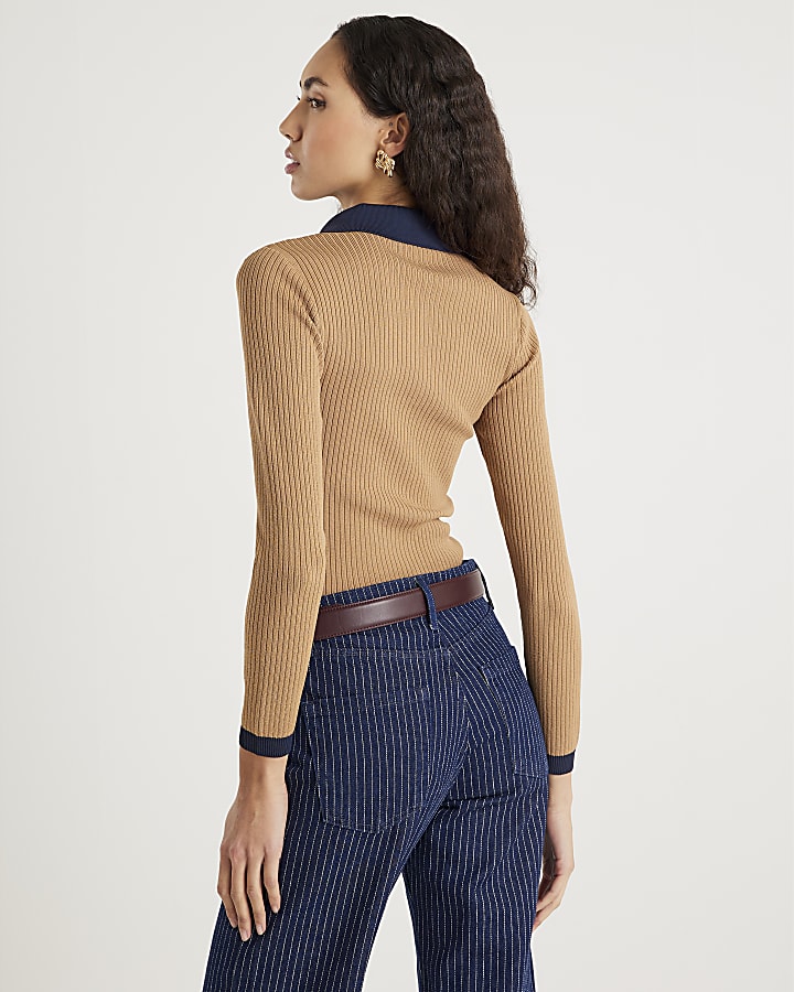 Brown Knit Long Sleeve Ribbed Polo Top