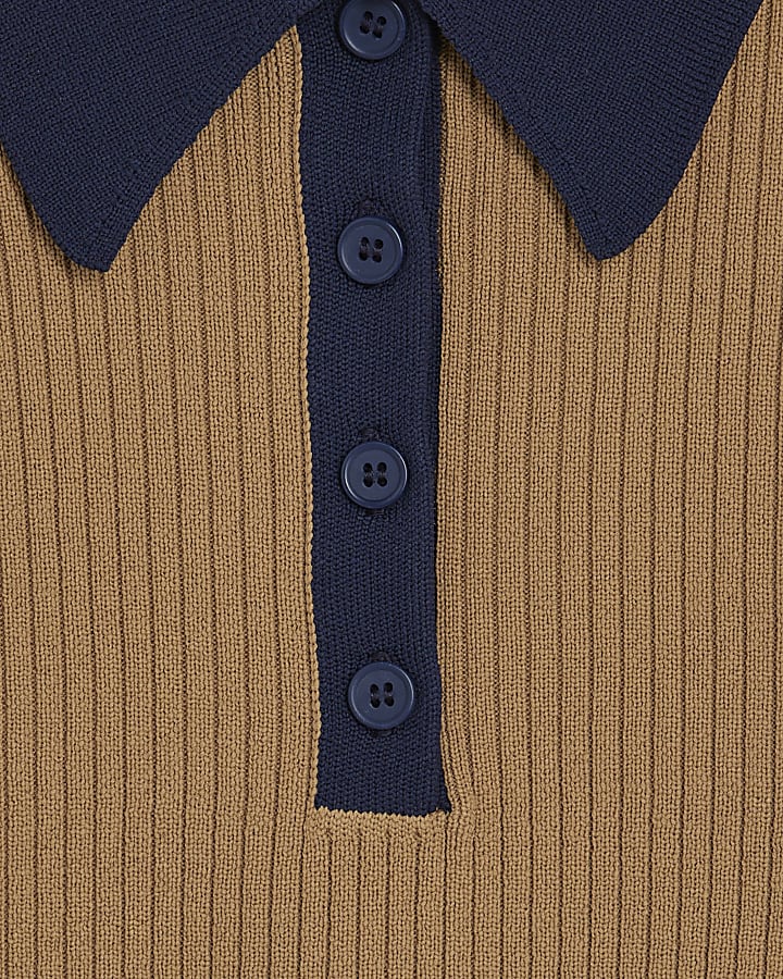 Brown Knit Long Sleeve Ribbed Polo Top