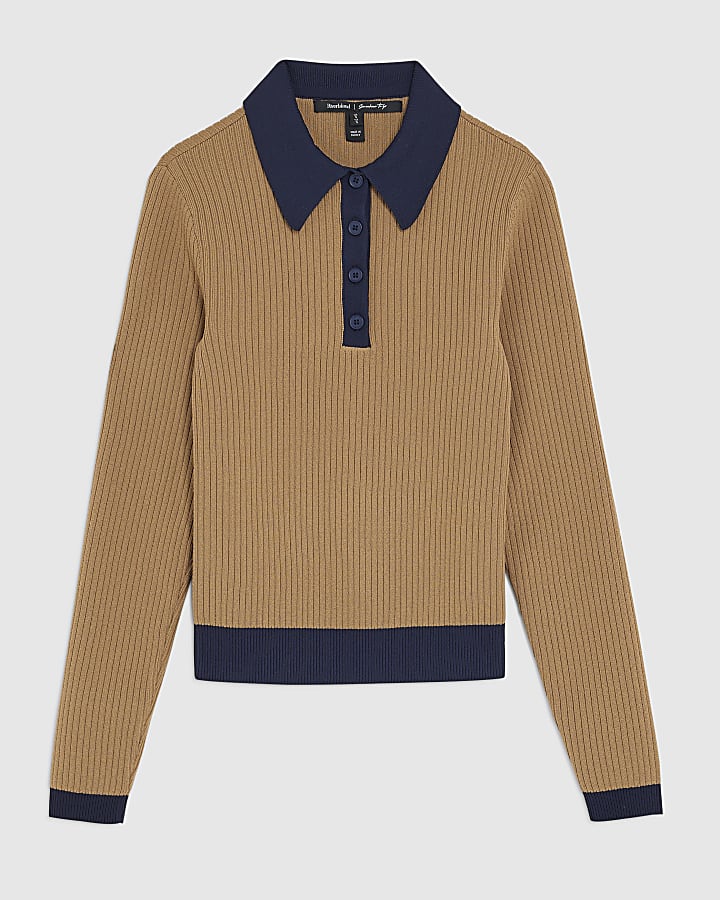 Brown Knit Long Sleeve Ribbed Polo Top
