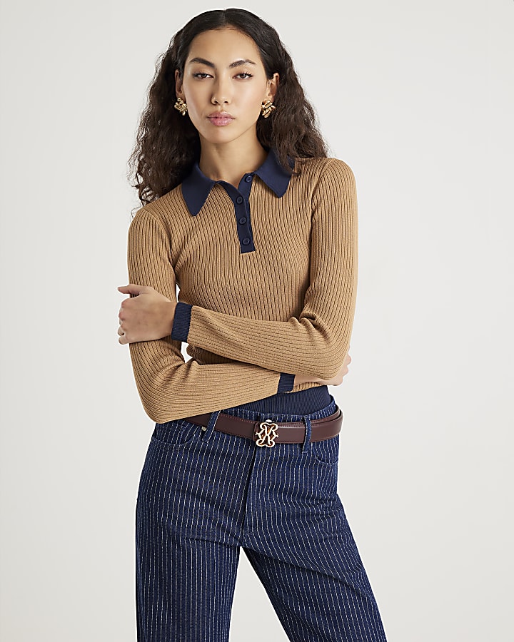 Brown Knit Long Sleeve Ribbed Polo Top