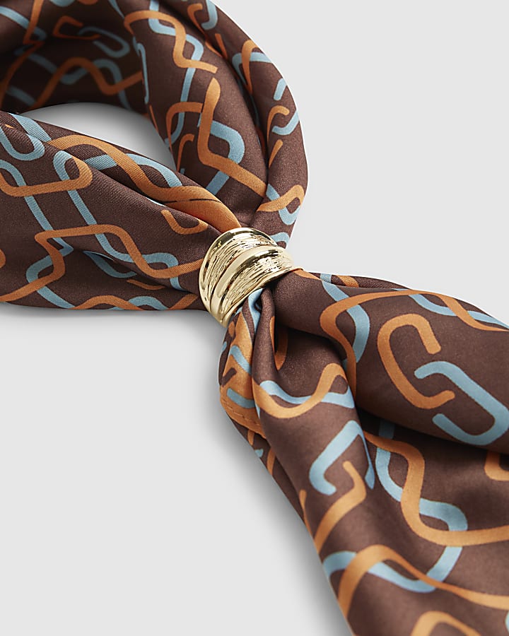 Brown Geometric Chain Print Neck Scarf