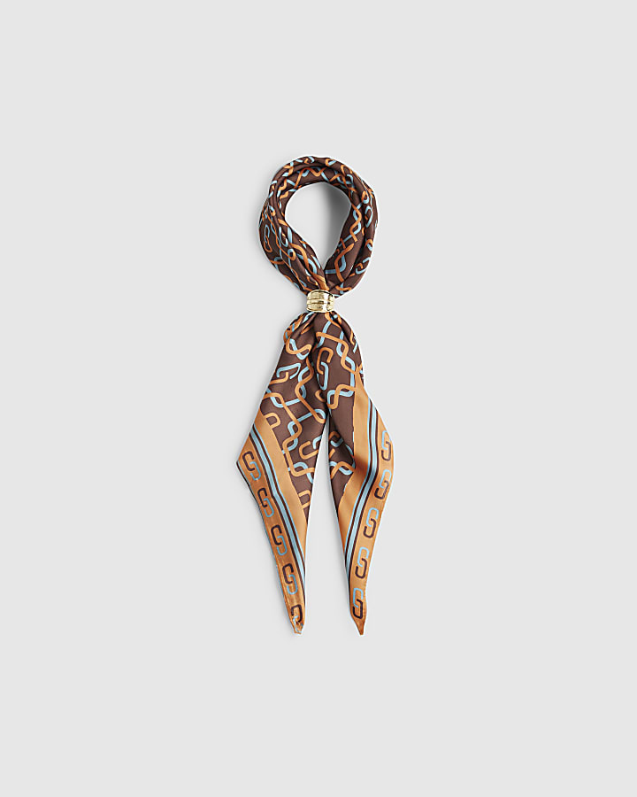 Brown Geometric Chain Print Neck Scarf