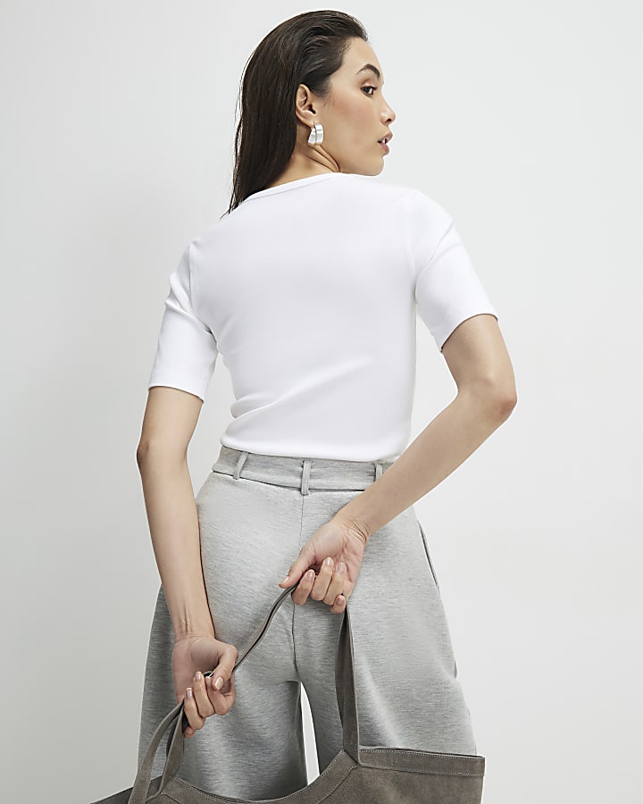 White Short Sleeve Cotton Fitted Top