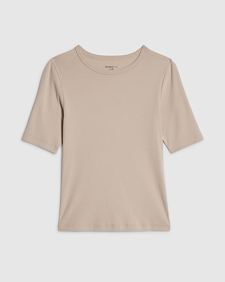 Beige Short Sleeve Fitted Top