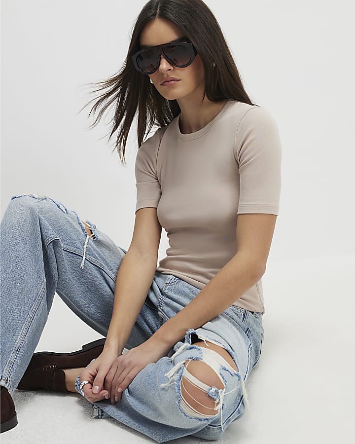 Beige Short Sleeve Fitted Top