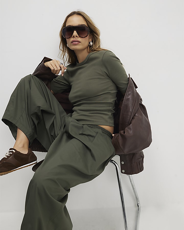 Khaki Short Sleeve Fitted Top