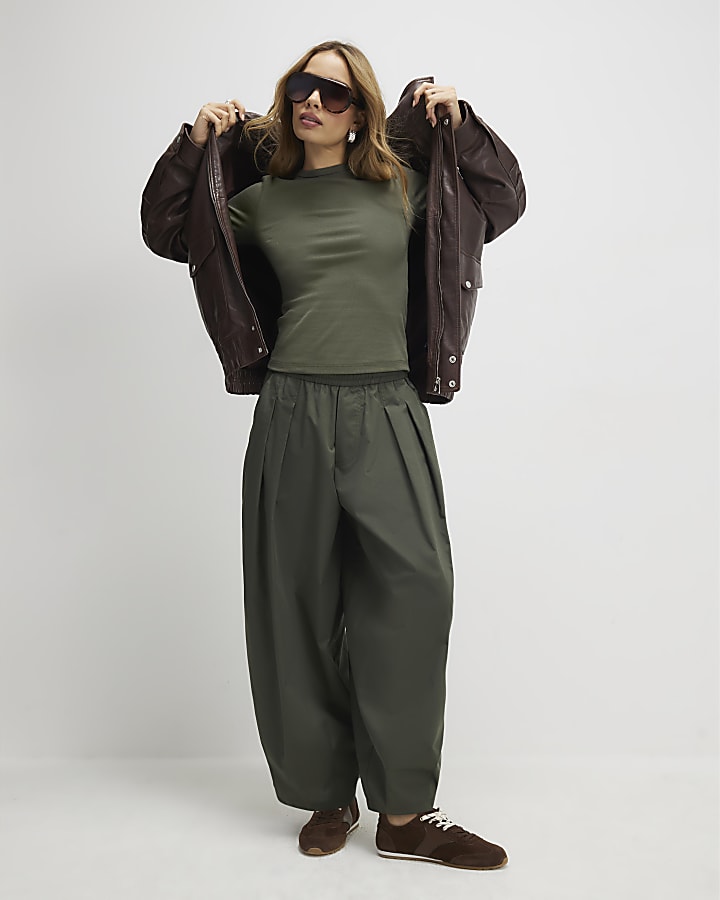 Khaki Short Sleeve Fitted Top