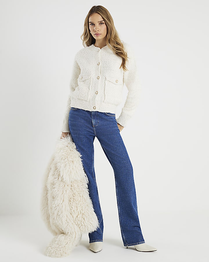 Cream Long Sleeve Boucle Cardigan