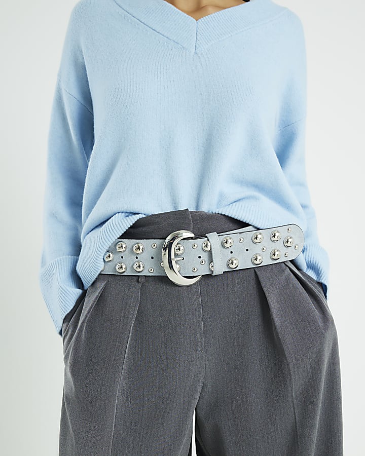 Blue Faux Suede Studded Belt