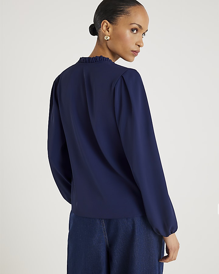 Navy Frill Trim Long Sleeve Top