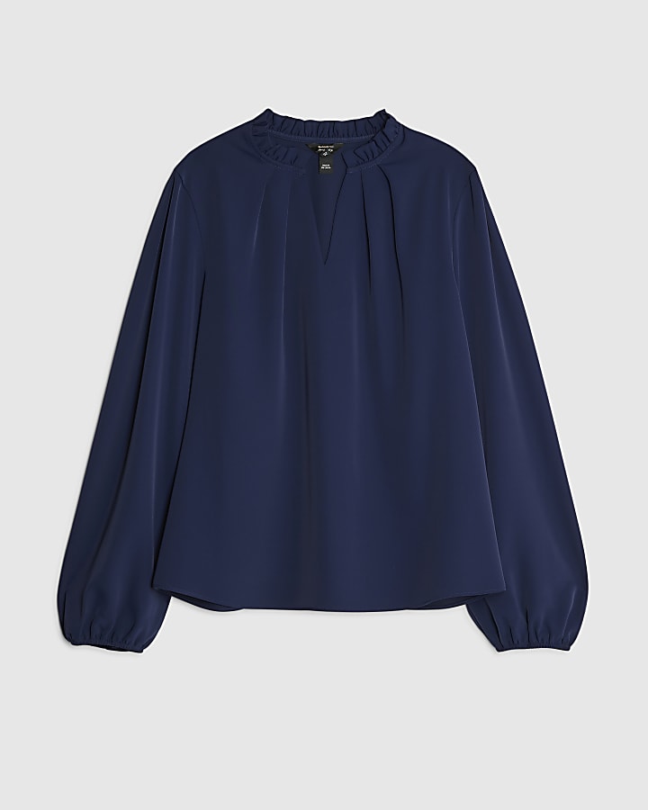 Navy Frill Trim Long Sleeve Top