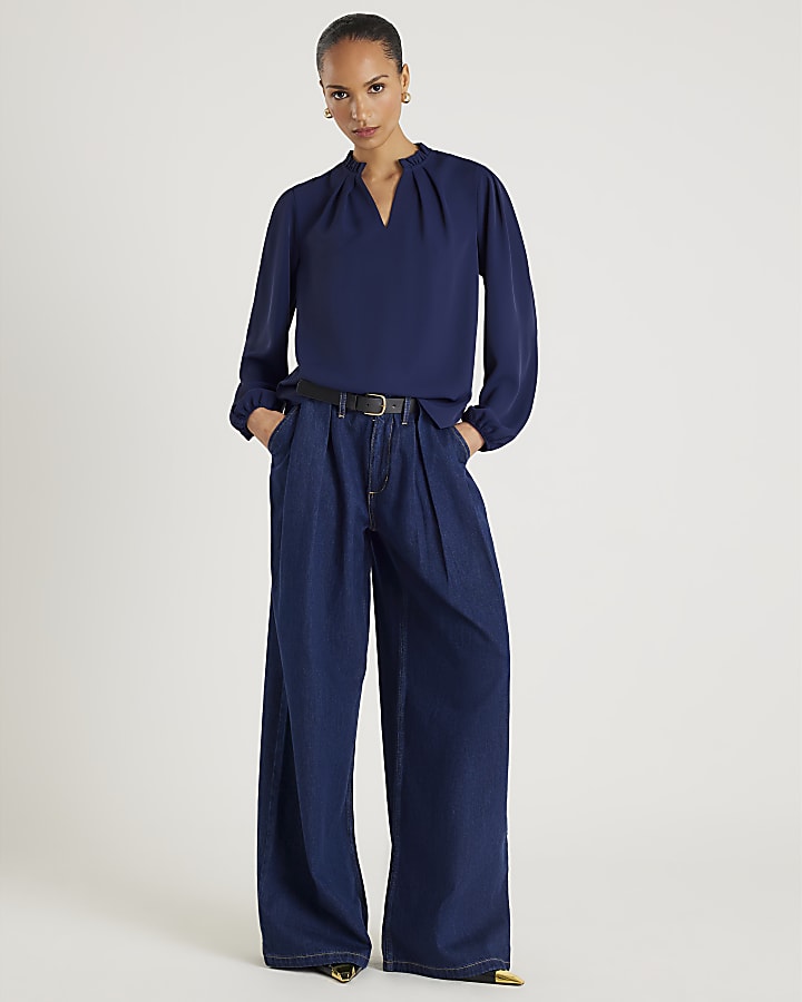 Navy Frill Trim Long Sleeve Top