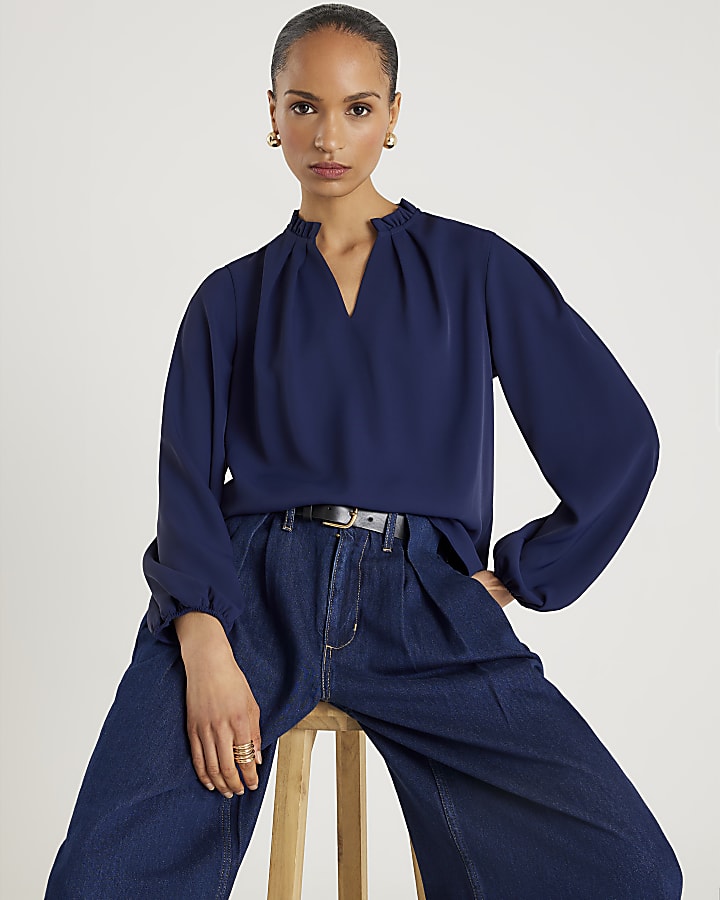 Navy Frill Trim Long Sleeve Top