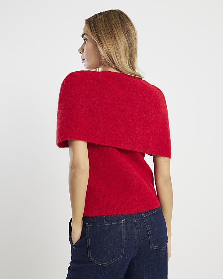 Red Knit Short Sleeve Cape Jumper